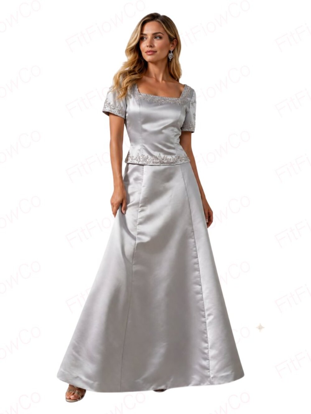 Donna Gray Silver Satin 2 Piece Formal Set Size 6 Embroidered Top Skirt